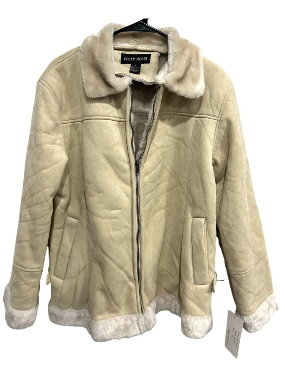 Oscar Sports XL Beige Faux Suede Jacket Faux Fur Trim Buckle Accents Vintage NWT
